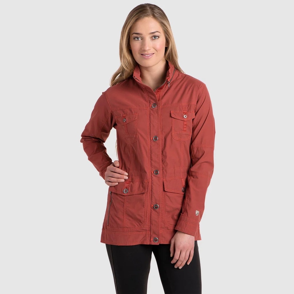 KUHL Rekon Jacket Stow-away Hood Burnt Sienna Button/Zip Closure